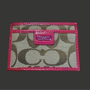 Coach Signature Canvas Card Case with Hot Pink Trim